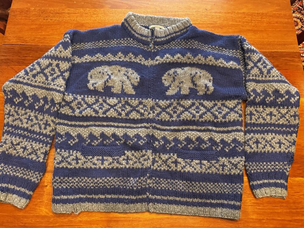 Thornton Bay Vintage 90s Wool Polar Bear Nordic Fair Isle Zip Sweater Intarsia